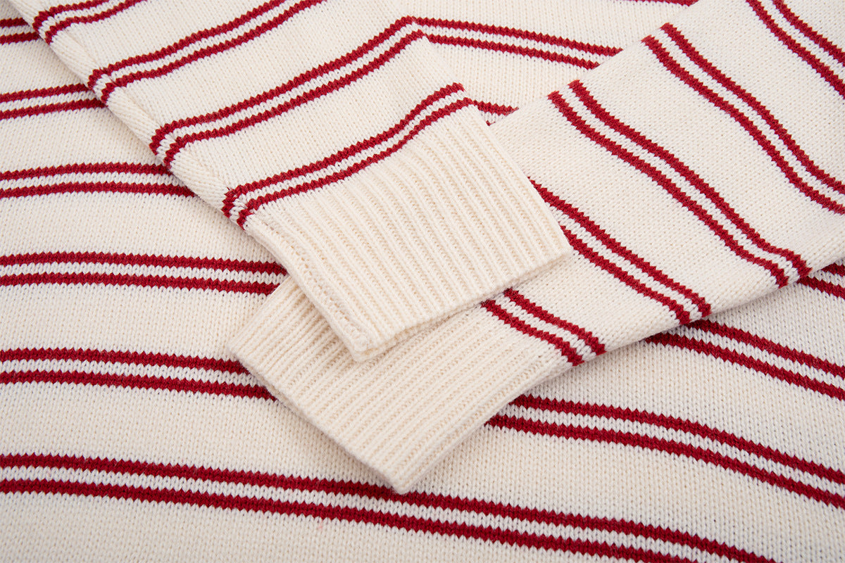 Striped Polo Knit Sweater with Cartoon Embroidery – Relaxed Unisex Pullover