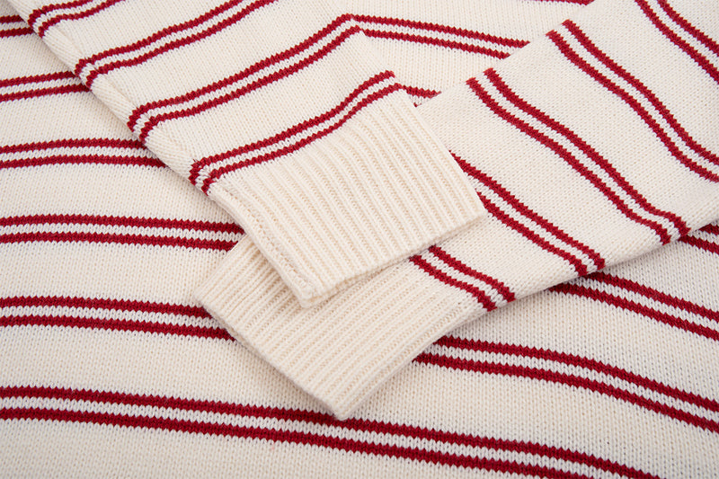 Striped Polo Knit Sweater with Cartoon Embroidery – Relaxed Unisex Pullover