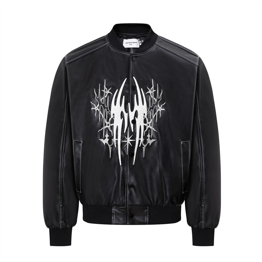 Leather Bomber Jacket Men – PU Punk Tribal Embroidery Oversized Varsity Jacket