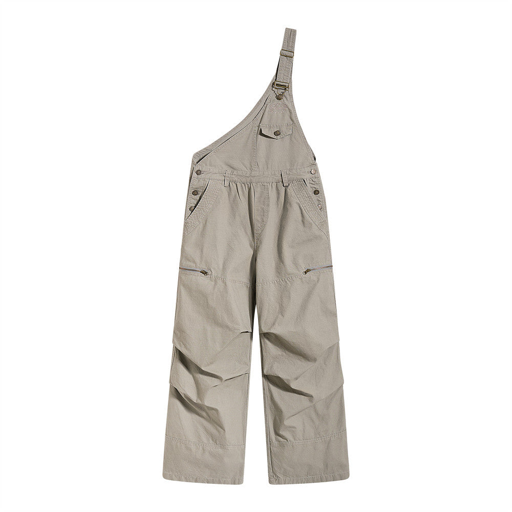 One-Shoulder Bib Overalls – Wide-Leg Cargo Pants with Zip Pockets & Pintuck