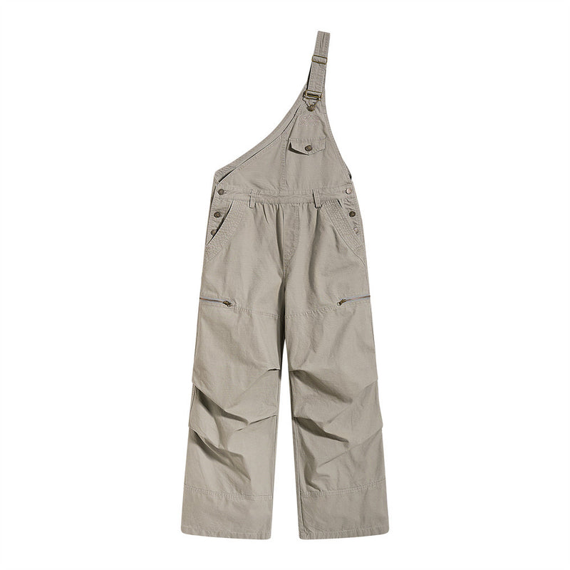 One-Shoulder Bib Overalls – Wide-Leg Cargo Pants with Zip Pockets & Pintuck