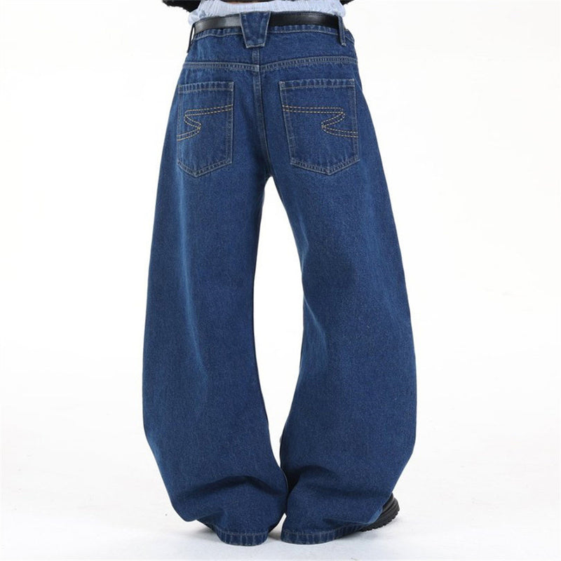 Men's Loose Fit Wide-Leg Jeans – Curved Baggy Silhouette in Dark Blue