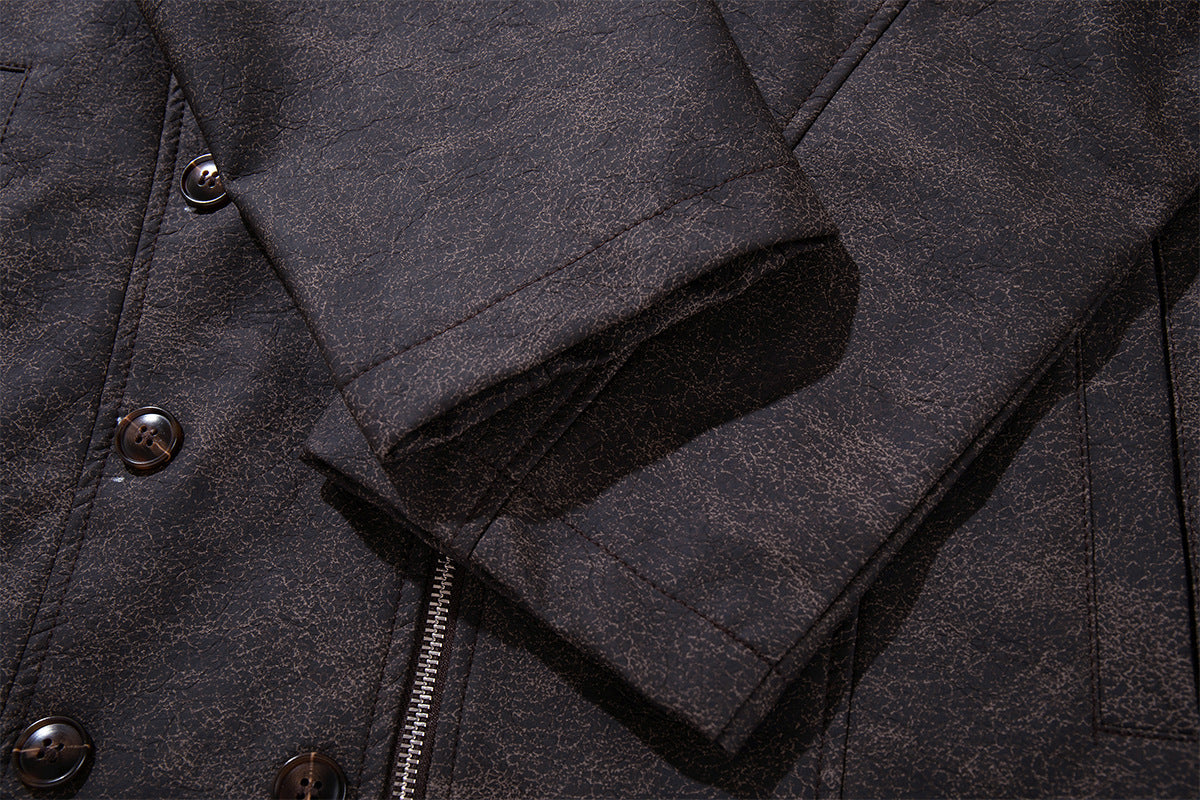 Double-Breasted PU Leather Moto Jacket – Vintage Napoleon Style
