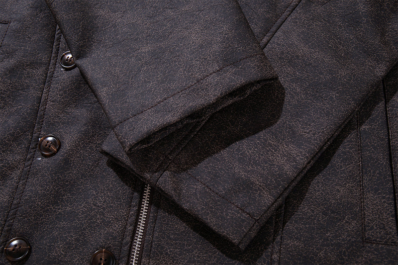Double-Breasted PU Leather Moto Jacket – Vintage Napoleon Style