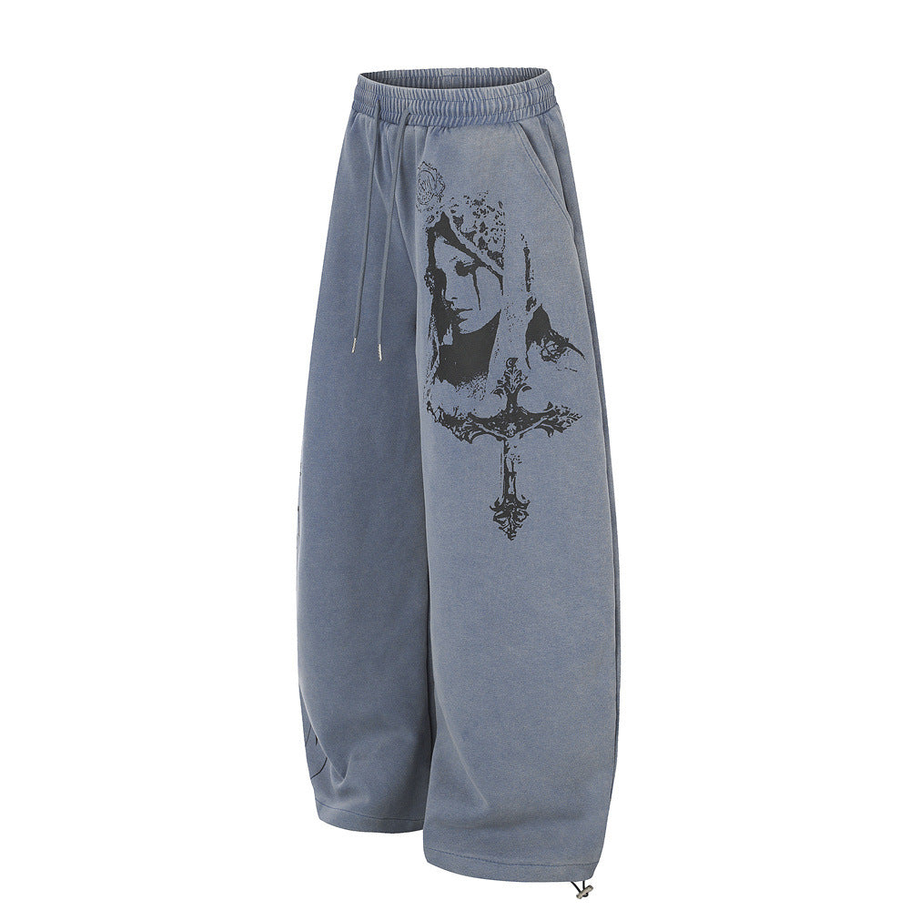 Wide-Leg Sweatpants with Cross & Madonna Graphic – Acid Wash Streetwear Joggers