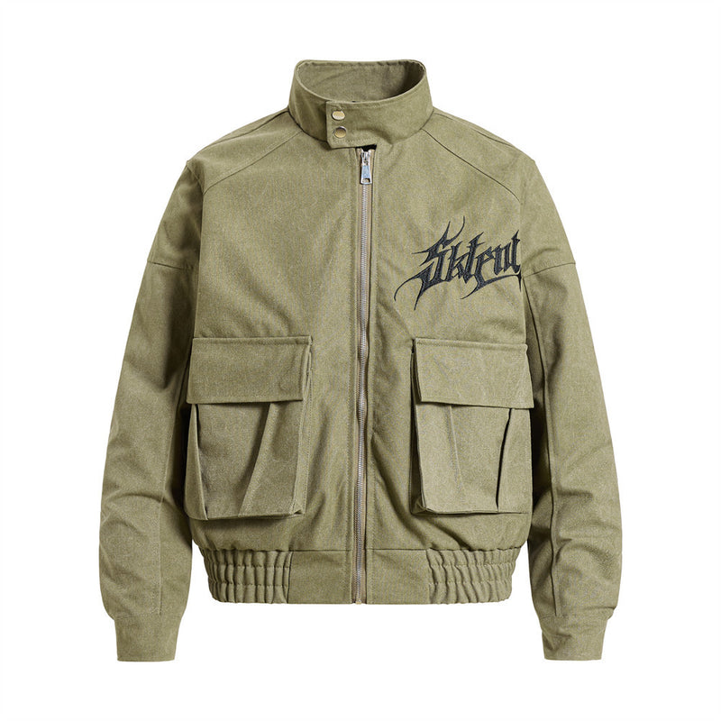 Gothic Letter Embroidered Cargo Bomber Jacket – Stand Collar, Multi-Pocket