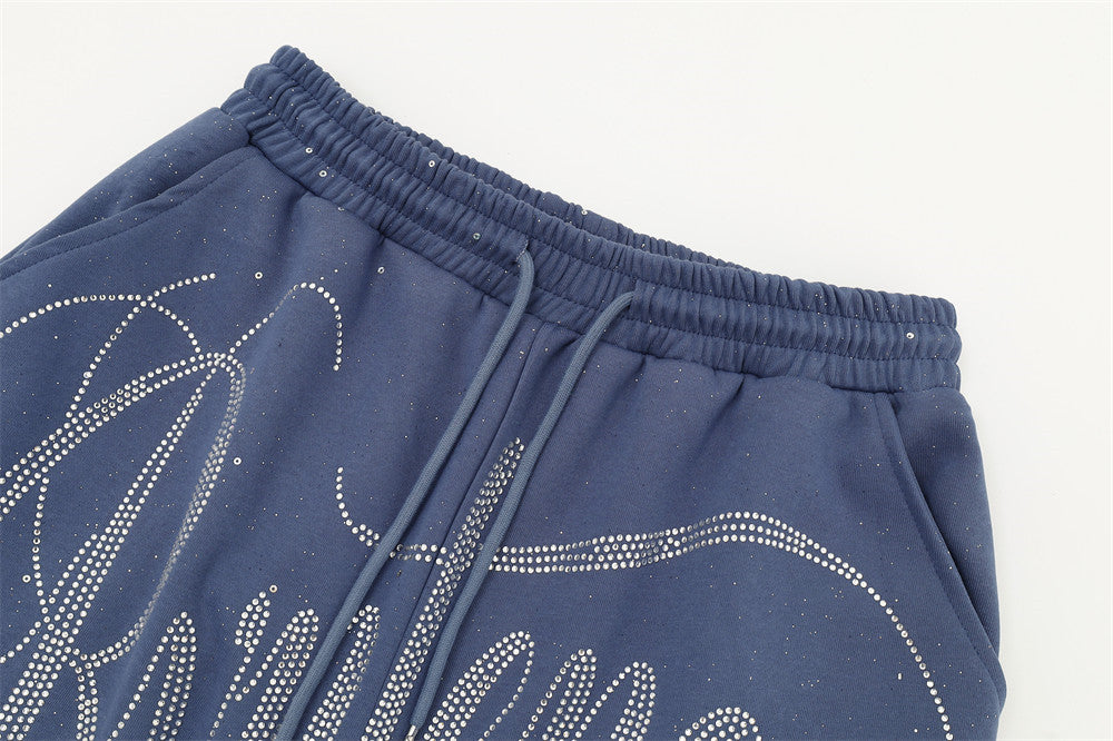 Men's Wide-Leg Sweatpants with Rhinestone Script & Glitter Fabric