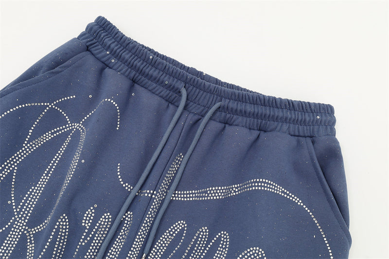 Men's Wide-Leg Sweatpants with Rhinestone Script & Glitter Fabric