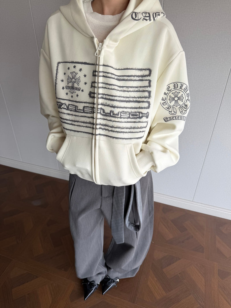 Herren-Zip-Hoodie mit Vintage-Flaggengrafik – Distressed-Kreuzprint