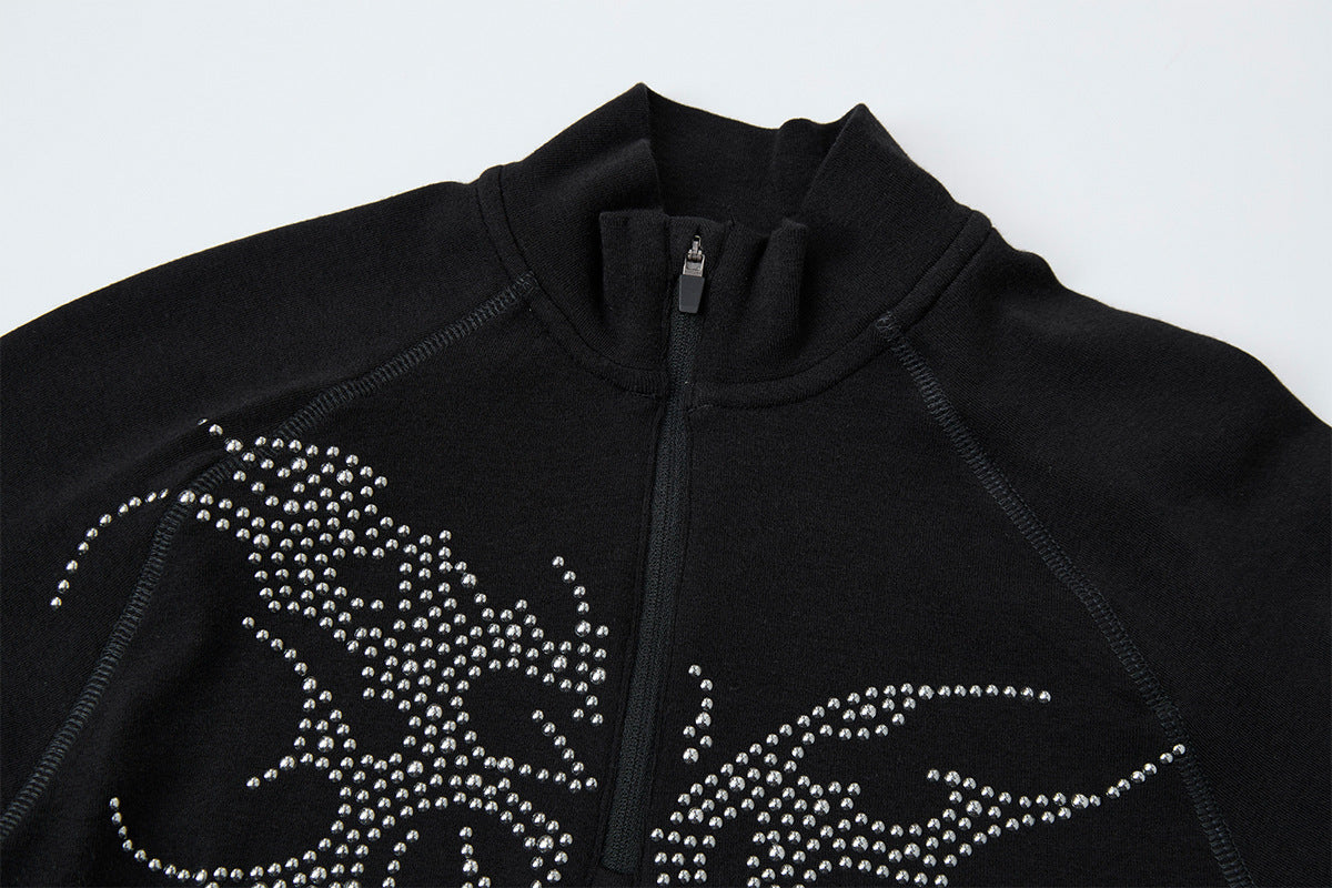 Rhinestone Dragon Mock Neck Quarter-Zip Long Sleeve Shirt