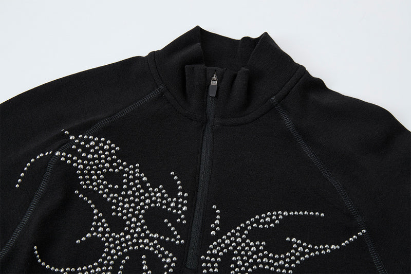 Rhinestone Dragon Mock Neck Quarter-Zip Long Sleeve Shirt