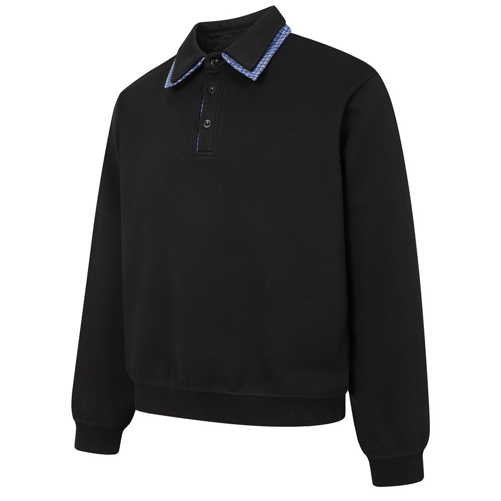 Sweat-shirt homme à col polo et bordure à carreaux | Coupe décontractée, manches longues