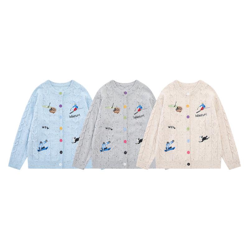 Cable Knit Cardigan Sweater with Cartoon Sport Embroidery & Colorful Buttons