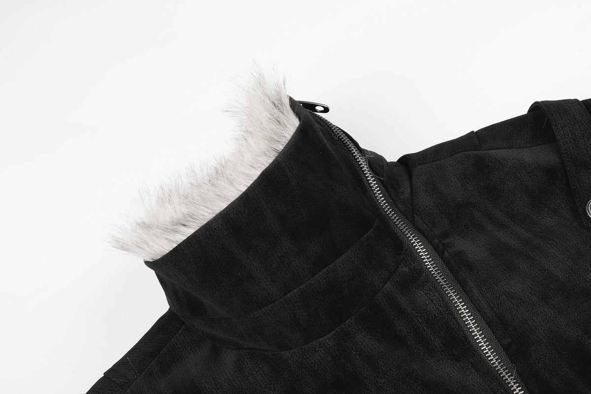 Schwarze Bomberjacke mit Wildlederoptik, Kunstpelzkragen und Wattierung im Biker-Stil