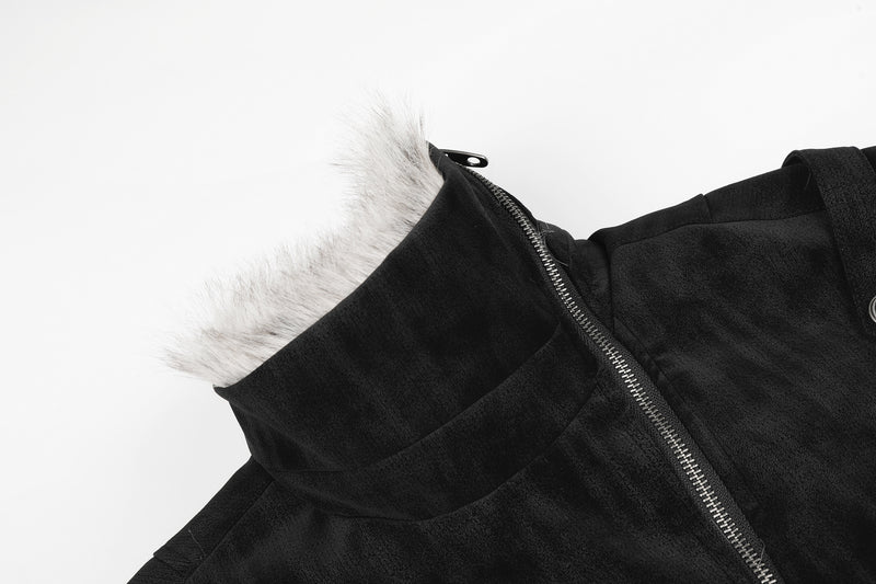 Schwarze Bomberjacke mit Wildlederoptik, Kunstpelzkragen und Wattierung im Biker-Stil