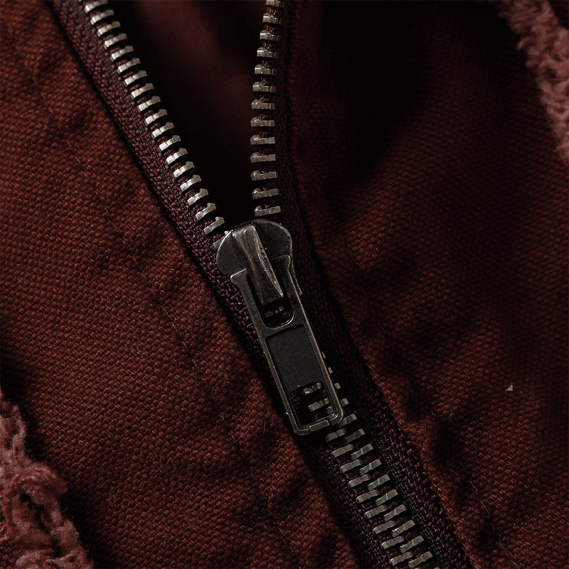 Men's Washed Distressed Zip-Up Hooded Jacket with Raw-Edge Patchwork