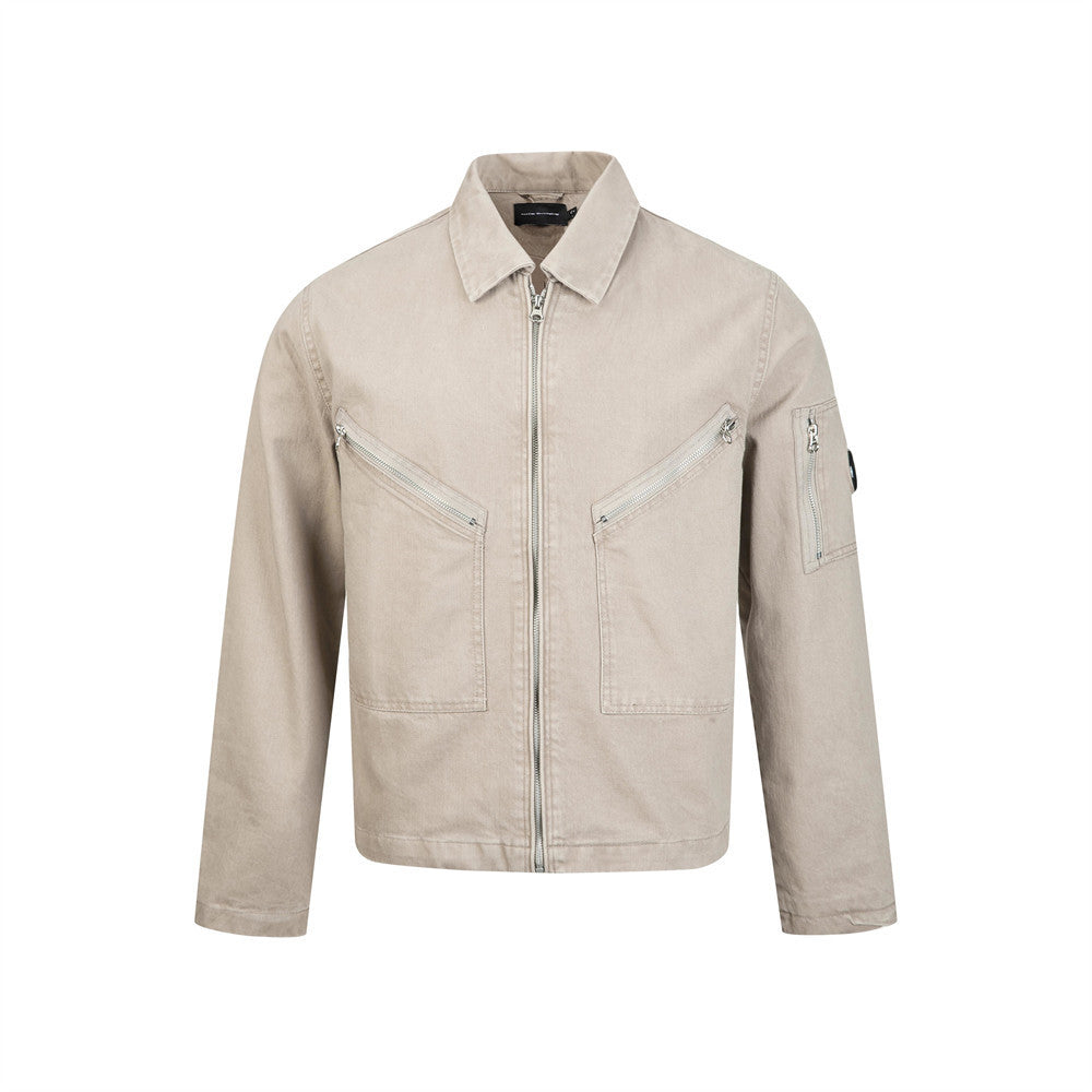 Men Zip-Up Jacket with Multi-Pocket Design – Vintage Washed Workwear Overshirt