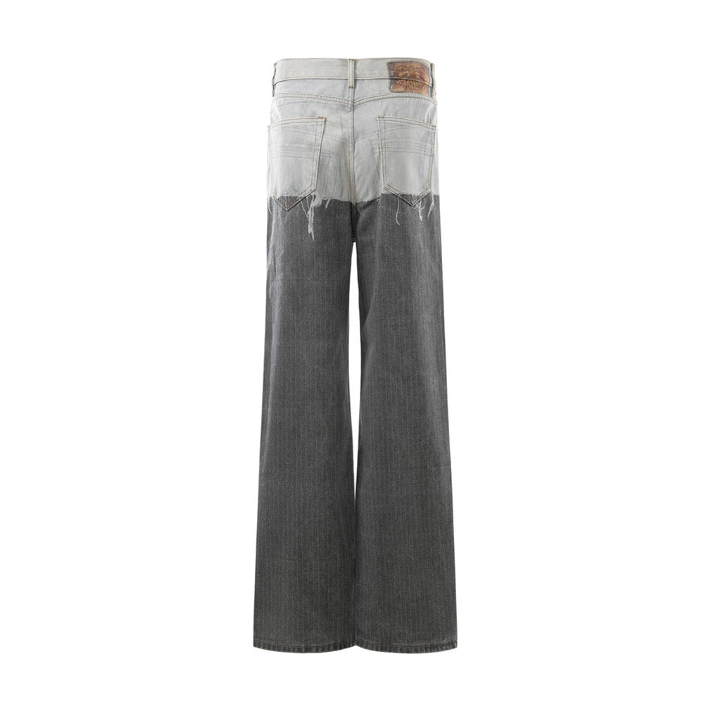 Two-Tone Distressed Wide-Leg Jeans – Contrast Wash Straight Denim