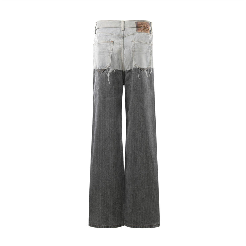 Two-Tone Distressed Wide-Leg Jeans – Contrast Wash Straight Denim