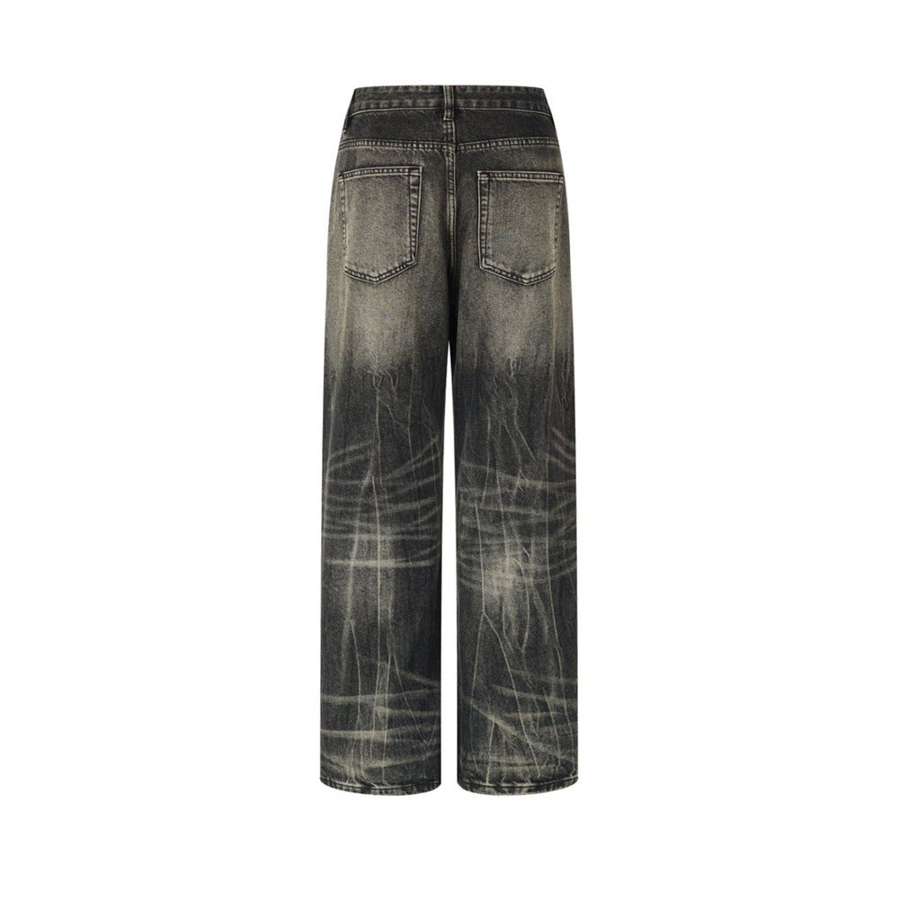 Baggy Straight Leg Jeans – Men's Vintage Washed Distressed Black Wide-Leg Denim