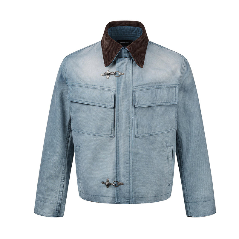 Boxy Washed Denim Workwear Jacket with Corduroy Collar & Clasp Closure