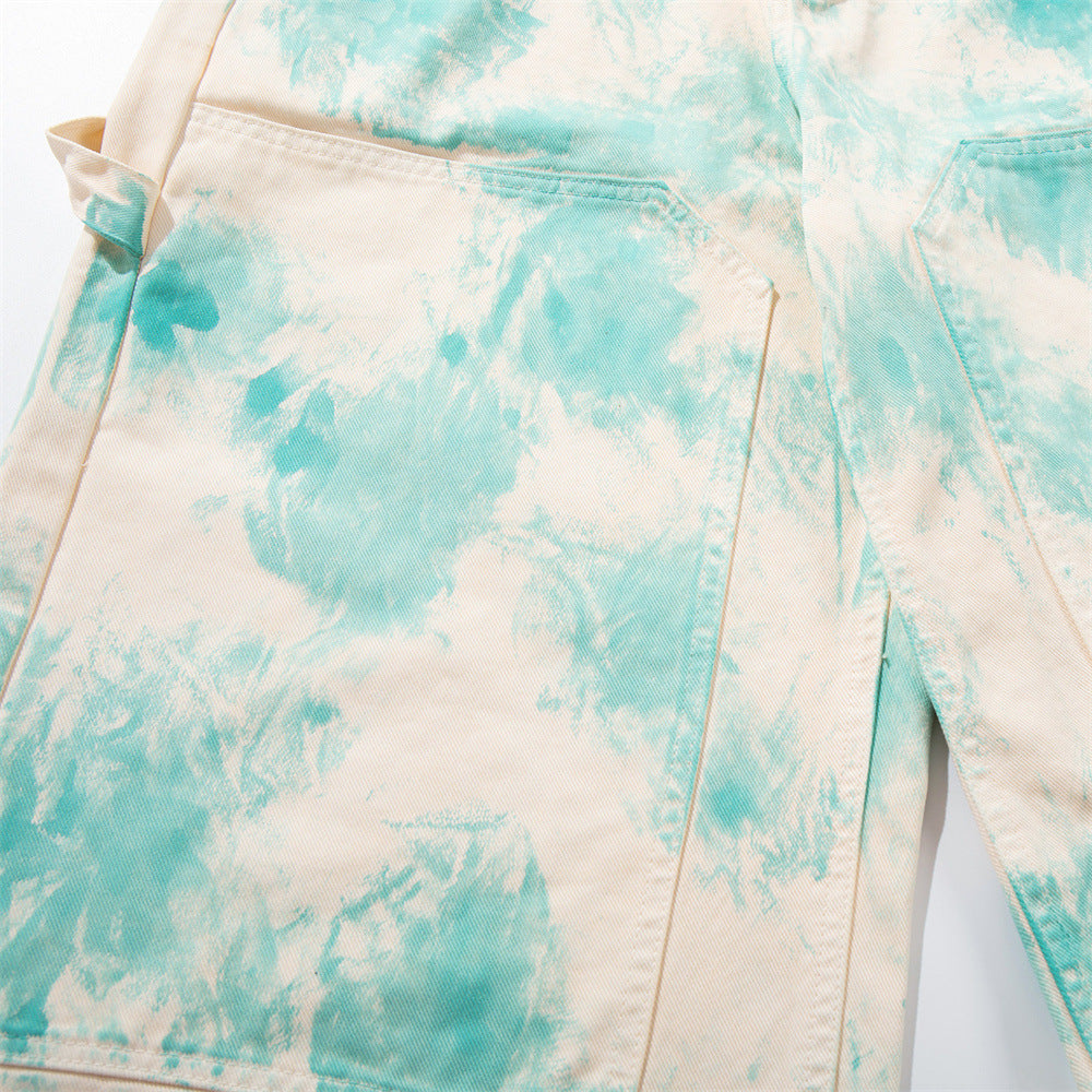 Tie-Dye Wide-Leg Denim Shorts – Loose Fit Cargo-Style Cropped Jeans