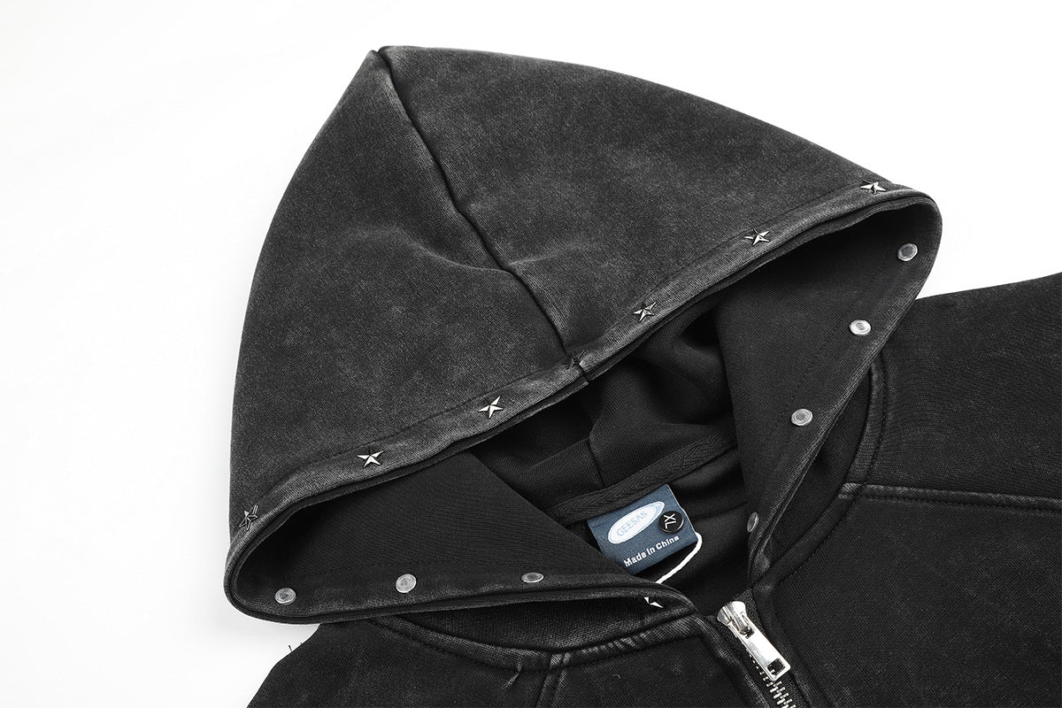 Zip-Up Grey Hoodie Washed Punk Star Graphic Zip Hoodie with Rivet Details