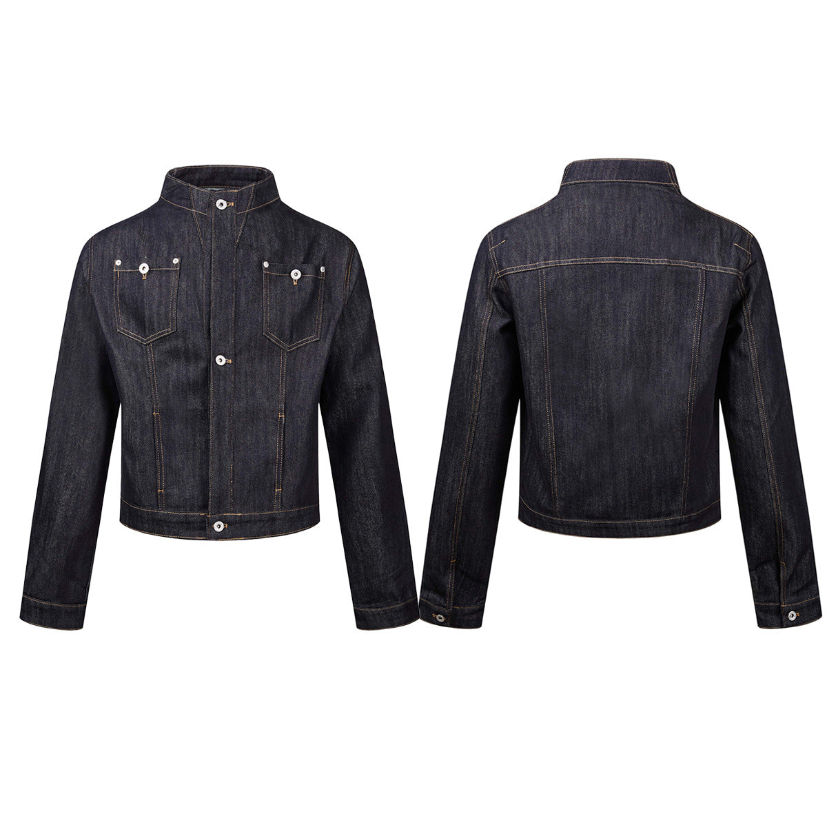Dark Indigo Denim Moto Jacket – Stand Collar, Cropped Fit, Snap Buttons