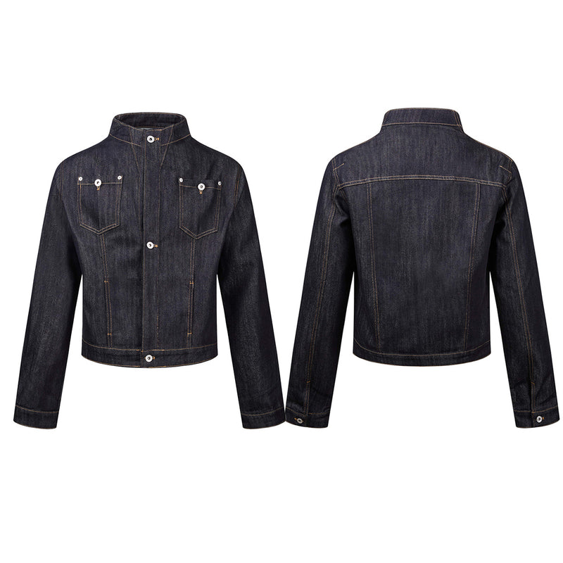 Dark Indigo Denim Moto Jacket – Stand Collar, Cropped Fit, Snap Buttons