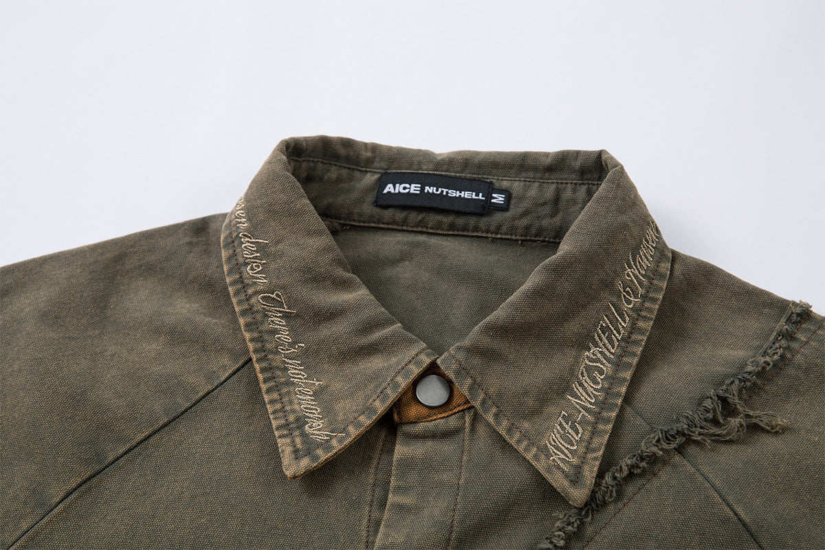 Veste-chemise en jean délavé effiloché – Surchemise patchwork déconstruite