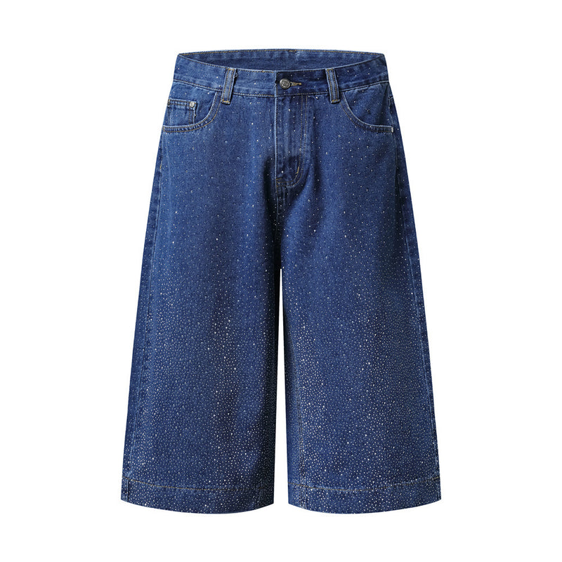 Wide-Leg Denim Shorts with Allover Rhinestone Detail – Men's Cropped Jean Shorts