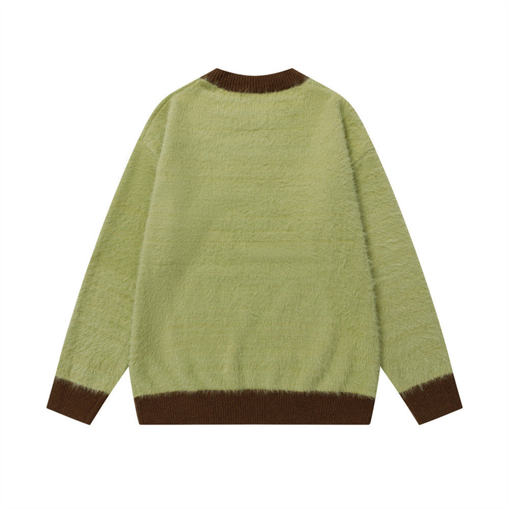 Anime Cartoon Print Crewneck Fuzzy Sweater – Oversized Color-Block Knit Pullover