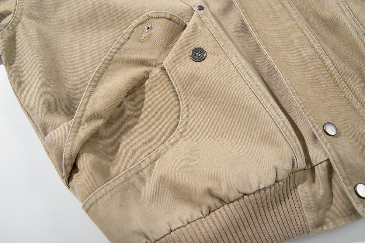 Blouson bomber kaki délavé – Col montant, boutons-pression et poches cargo