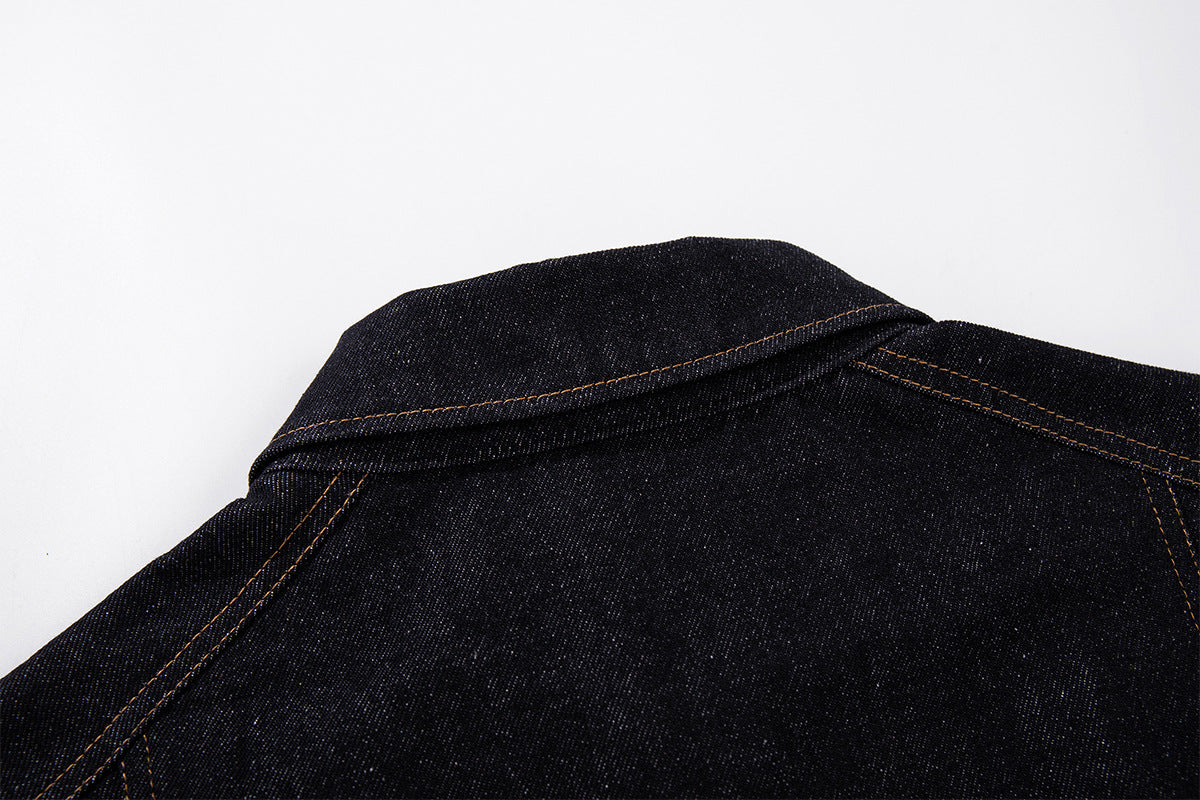 Dark Denim Boxy Jacket with Leopard Print Inset Panels