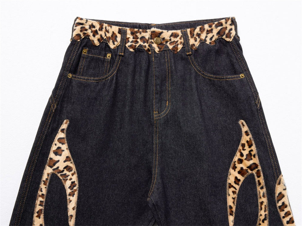 Loose Fit Jeans Men – Black Wide-Leg Denim with Leopard Print Appliqué Patches