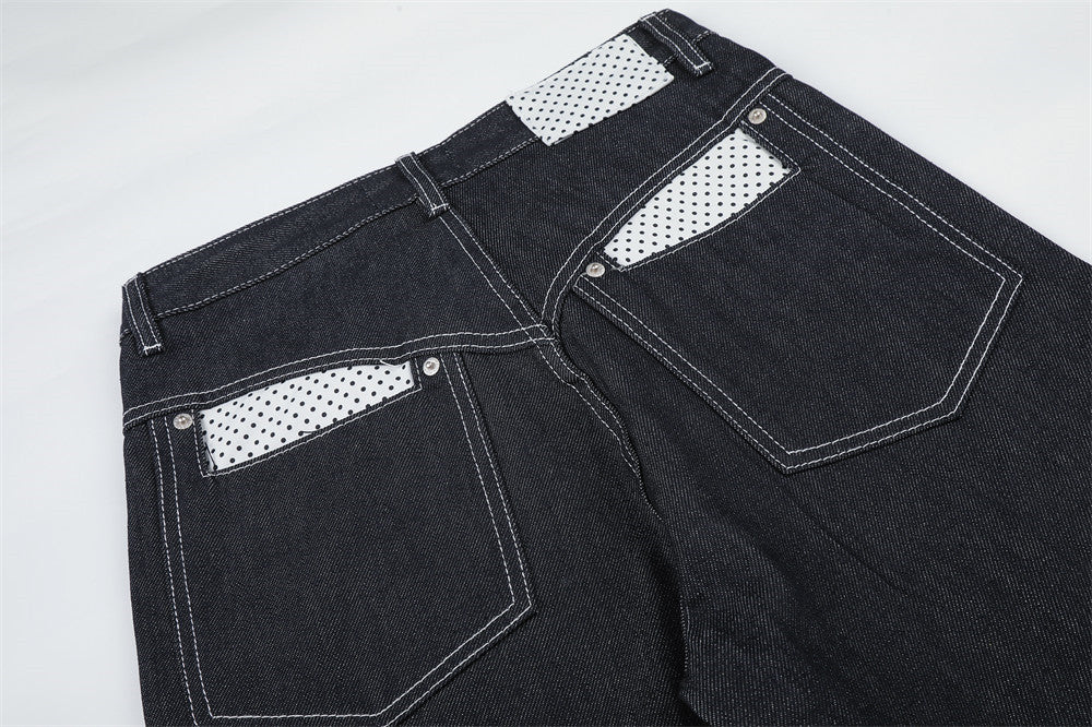 Jean homme droit – Denim foncé à jambes larges avec patchwork à pois
