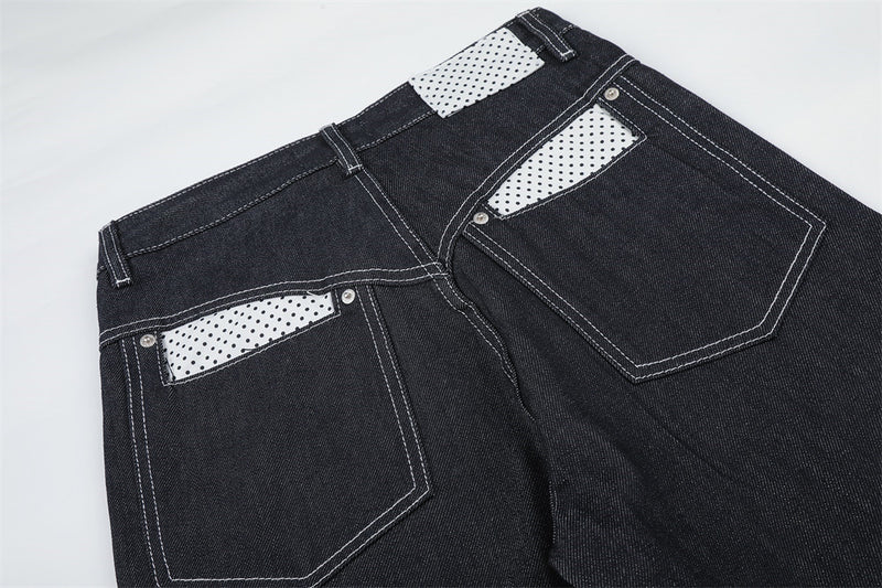 Jean homme droit – Denim foncé à jambes larges avec patchwork à pois