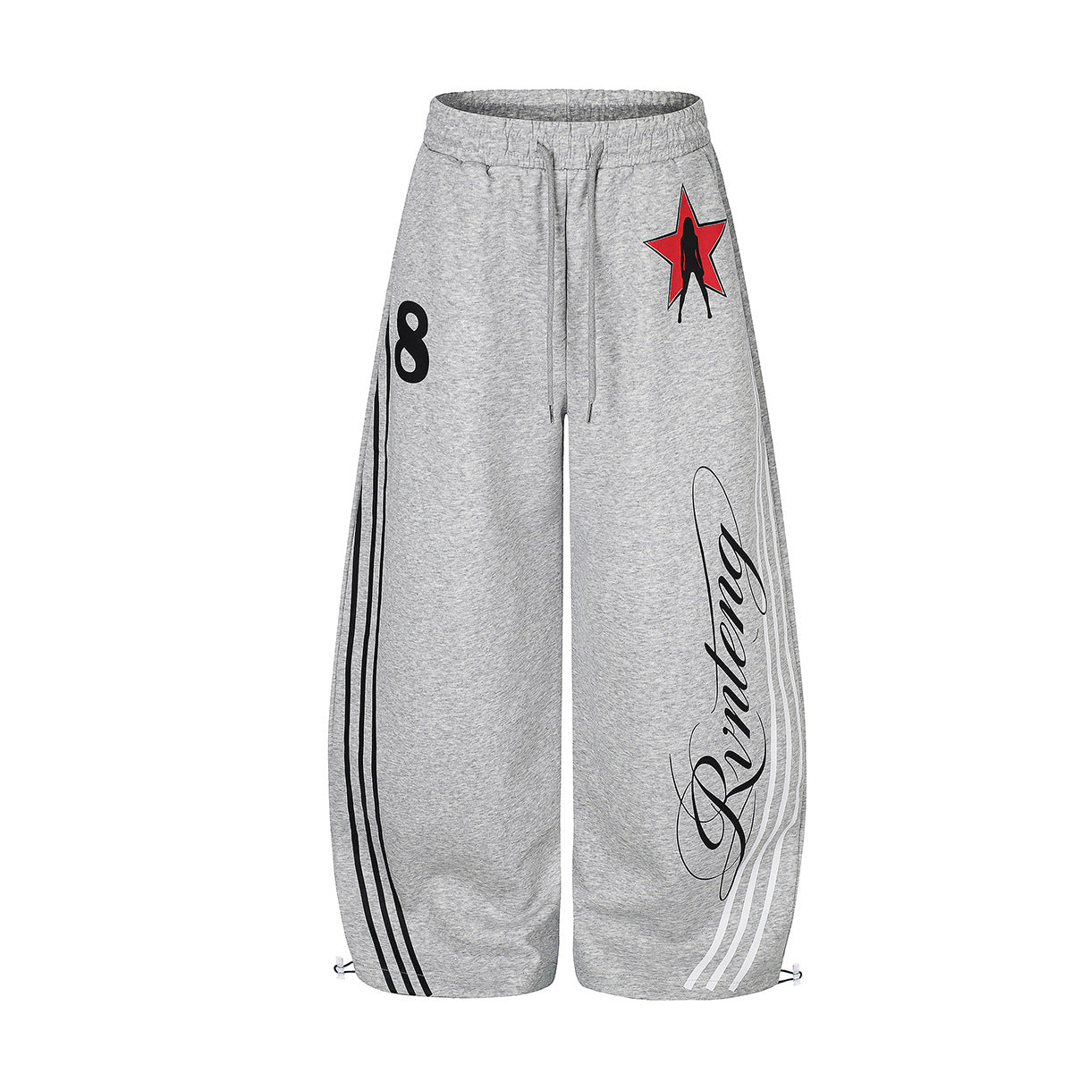 Pantalon de jogging à jambes larges gris chiné, rayures latérales rétro, imprimé graphique cursif et écusson étoile rouge sur la hanche