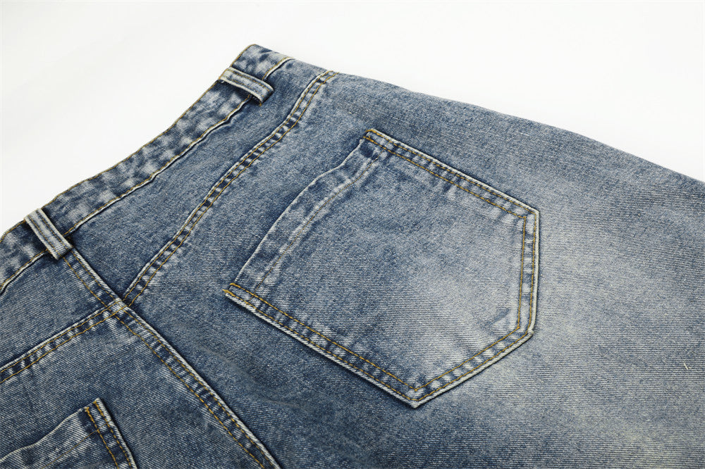 Cartoon Dachshund Embroidered Wide-Leg Jeans – Men's Vintage Washed Curved Hem
