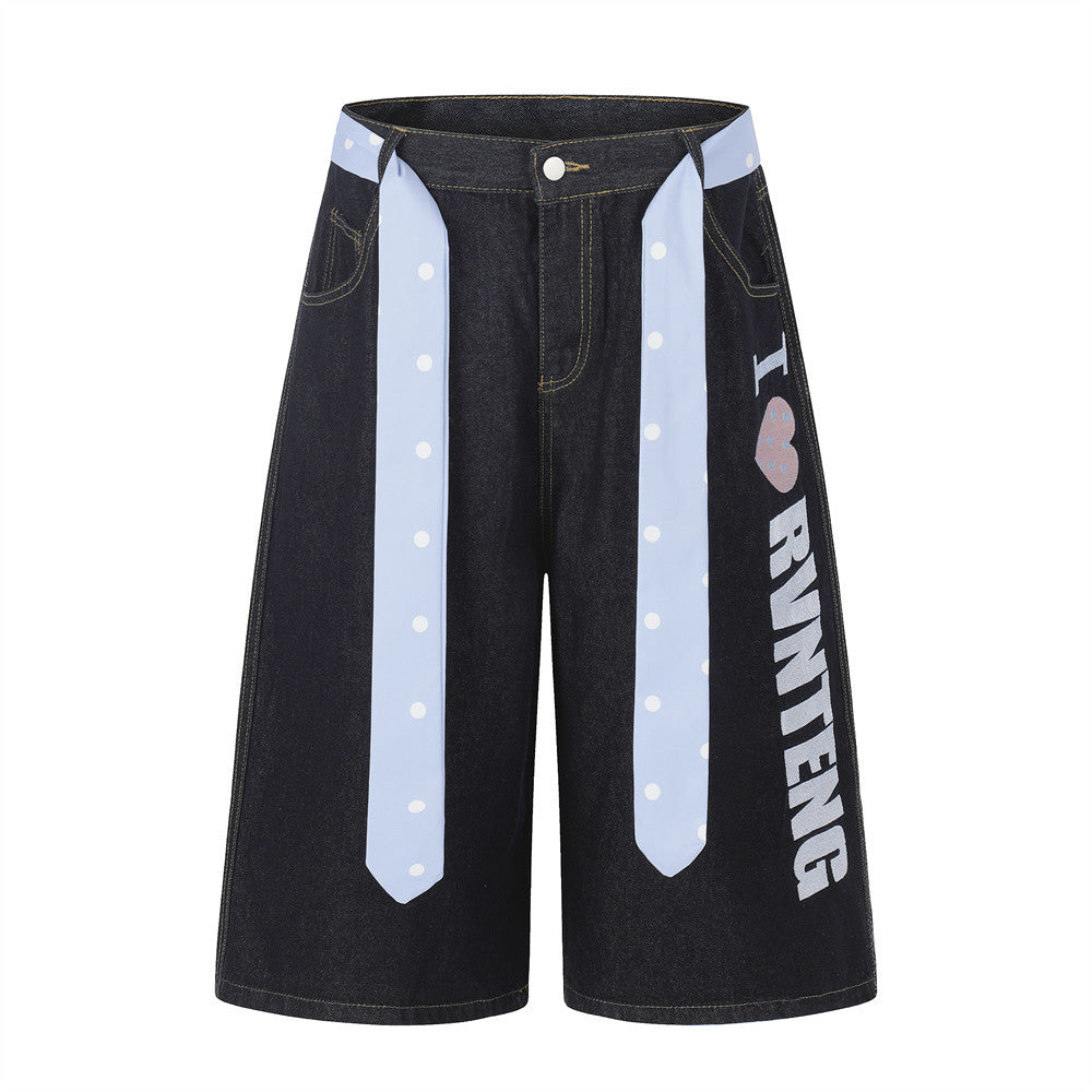 I Love RUNTENG Letter Print Wide-Leg Denim Shorts with Polka Dot Tie Detail