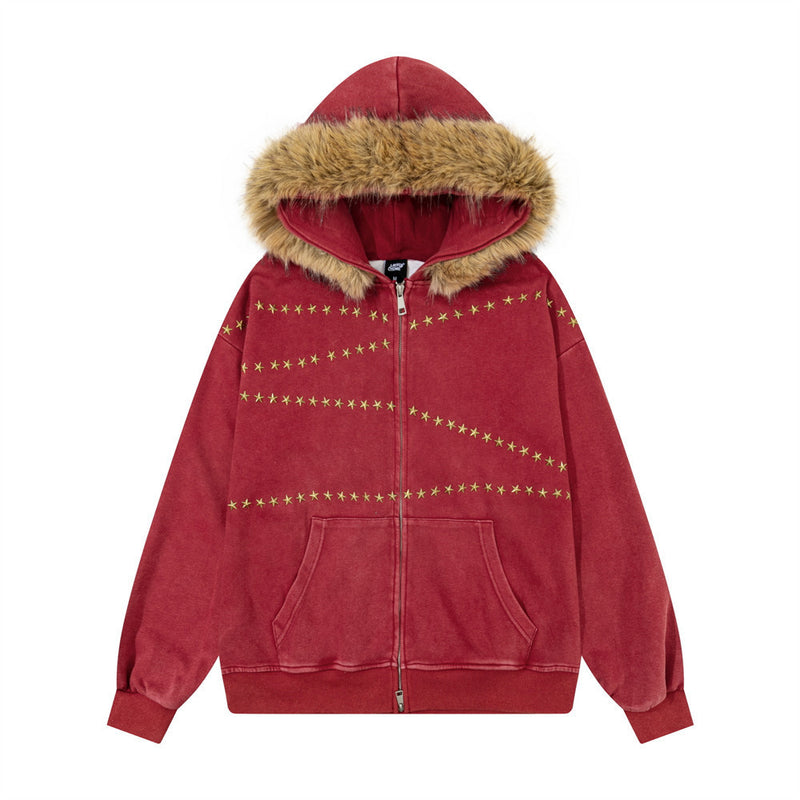 Sudadera roja con capucha y cremallera para hombre, ribete de pelo sintético y bordado de estrella dorada, vista frontal