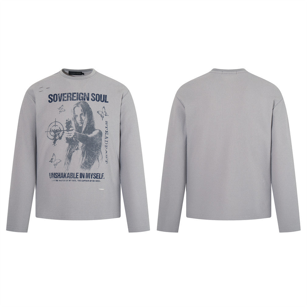 Waffle Knit Graphic Long Sleeve T-Shirt – Sovereign Soul Print, Relaxed Fit