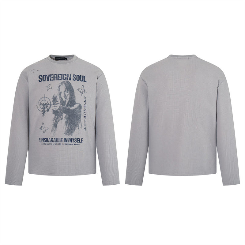 Waffle Knit Graphic Long Sleeve T-Shirt – Sovereign Soul Print, Relaxed Fit