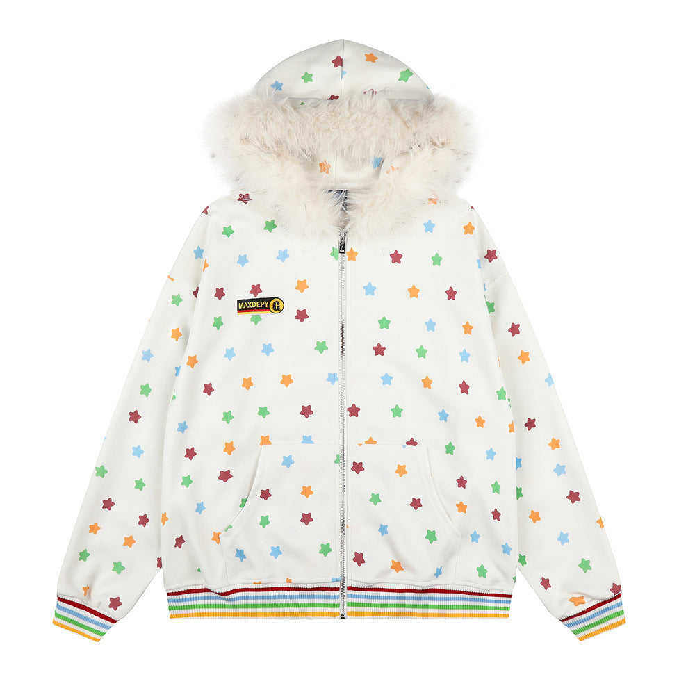 Sweat à capuche homme oversize blanc, zippé, imprimé étoiles multicolores et bordure de capuche en fausse fourrure, vues avant et arrière