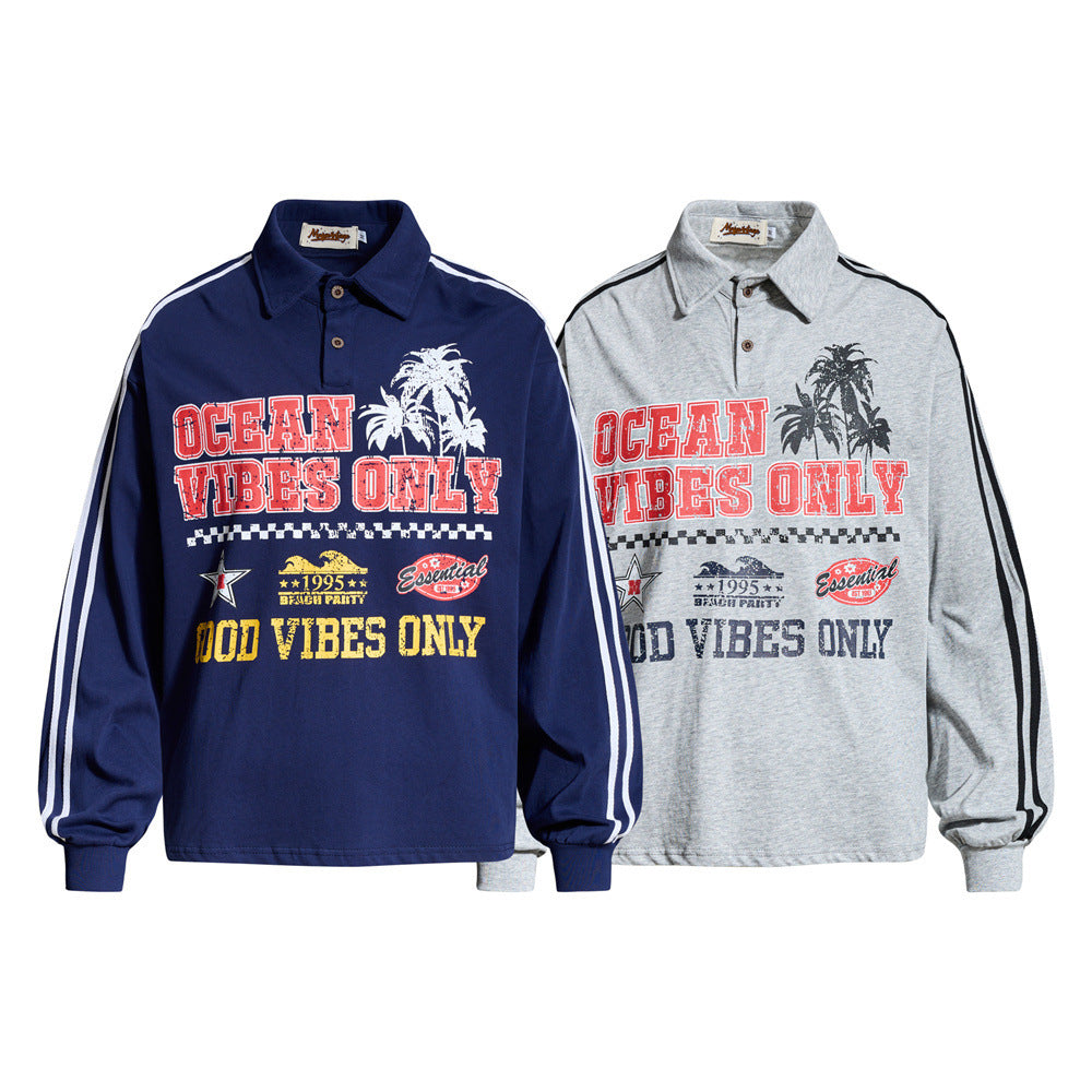 Men's Long Sleeve Rugby Shirt – Ocean Vibes Graphic Polo with Stripe Sleeves