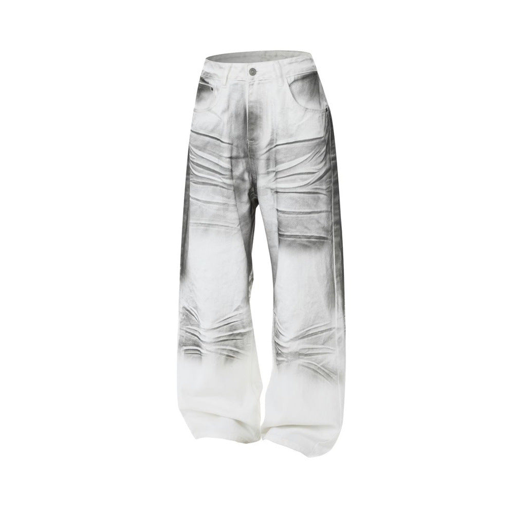 Men's Wide-Leg Baggy Jeans – Ink Wash Gradient Crinkle Print, Straight Fit