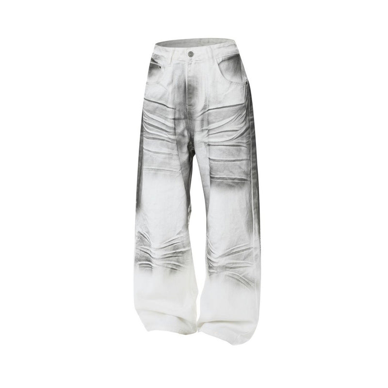 Men's Wide-Leg Baggy Jeans – Ink Wash Gradient Crinkle Print, Straight Fit