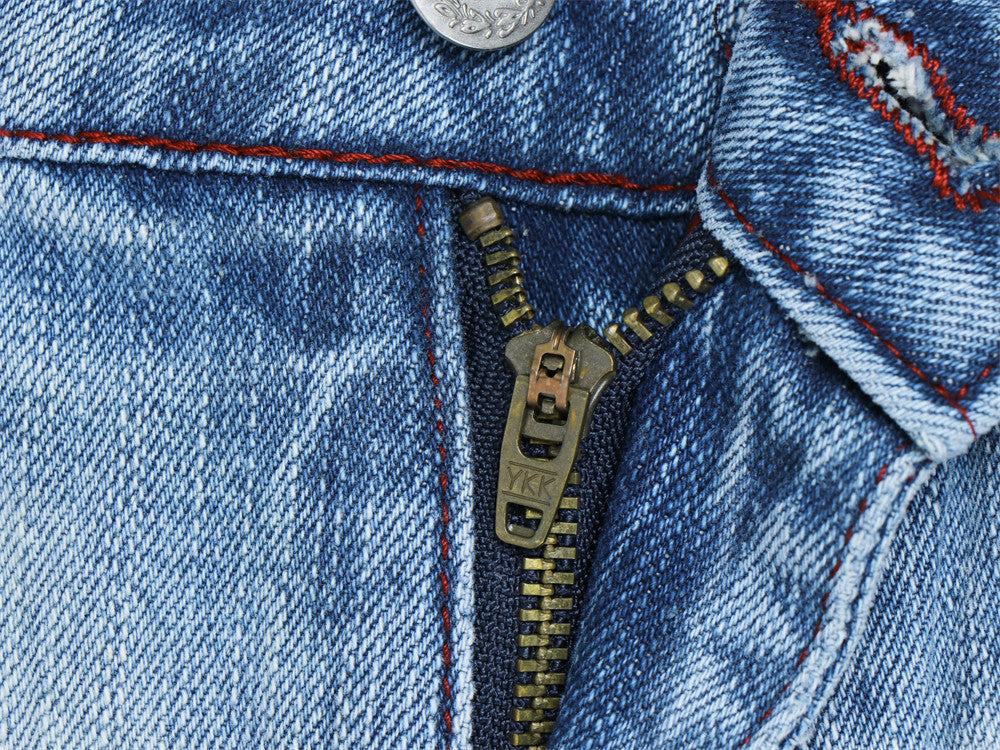 Men's Distressed Flare Jeans – Light Blue Washed Denim with Plaid Patch Detail