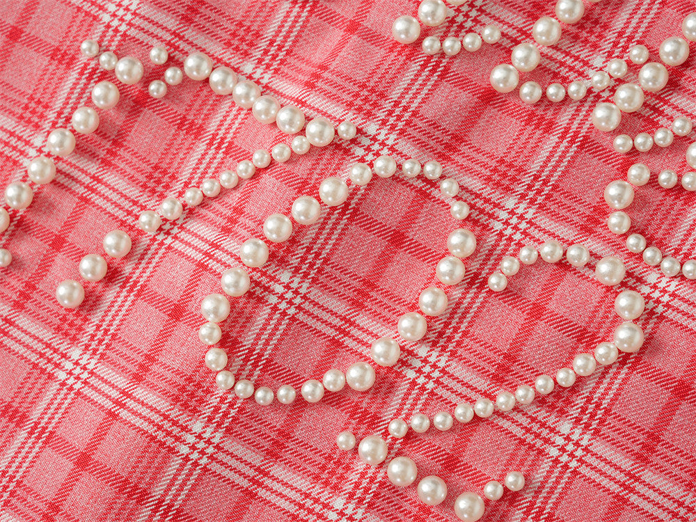 Oversized Plaid Short Sleeve Shirt with Pearl Bead Script Detail
