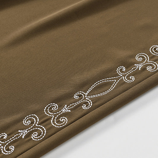 Wide Leg Dress Pants with Floral Embroidery Side Stripe